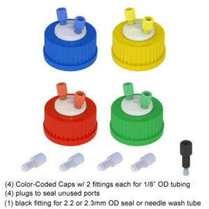 HPLC Solvent Delivery 4-Port Cap for Glass Bottle, GL45 Set of 4 Color Coded Caps